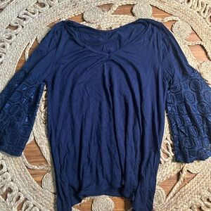 Navy Blue Lace Sleeve Women's Top
